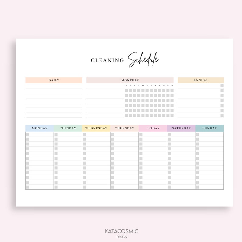 May include: A printable cleaning schedule with sections for daily, monthly, and annual tasks. The weekly section is divided into days of the week with checkboxes for each day. The colours are pastel pink, blue, yellow, and green.