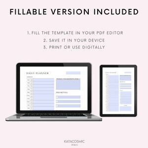 May include: A digital illustration of a daily planner with a light blue background. The planner includes sections for scheduling, priorities, and gratitude. The text "DAILY PLANNER" is at the top of the page.