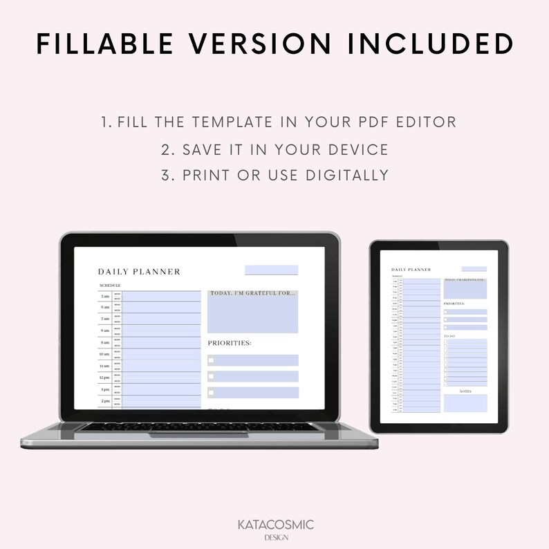 May include: A digital illustration of a daily planner with a light blue background. The planner includes sections for scheduling, priorities, and gratitude. The text "DAILY PLANNER" is at the top of the page.