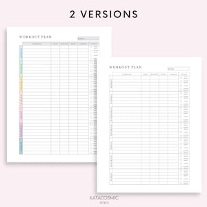 May include: Two printable workout plan templates with a weekly schedule for Monday through Sunday. Each day has columns for exercise, sets, weight, reps, cardio, and focus. The focus column has checkboxes for upper body, lower body, core, pull, push, and full body.