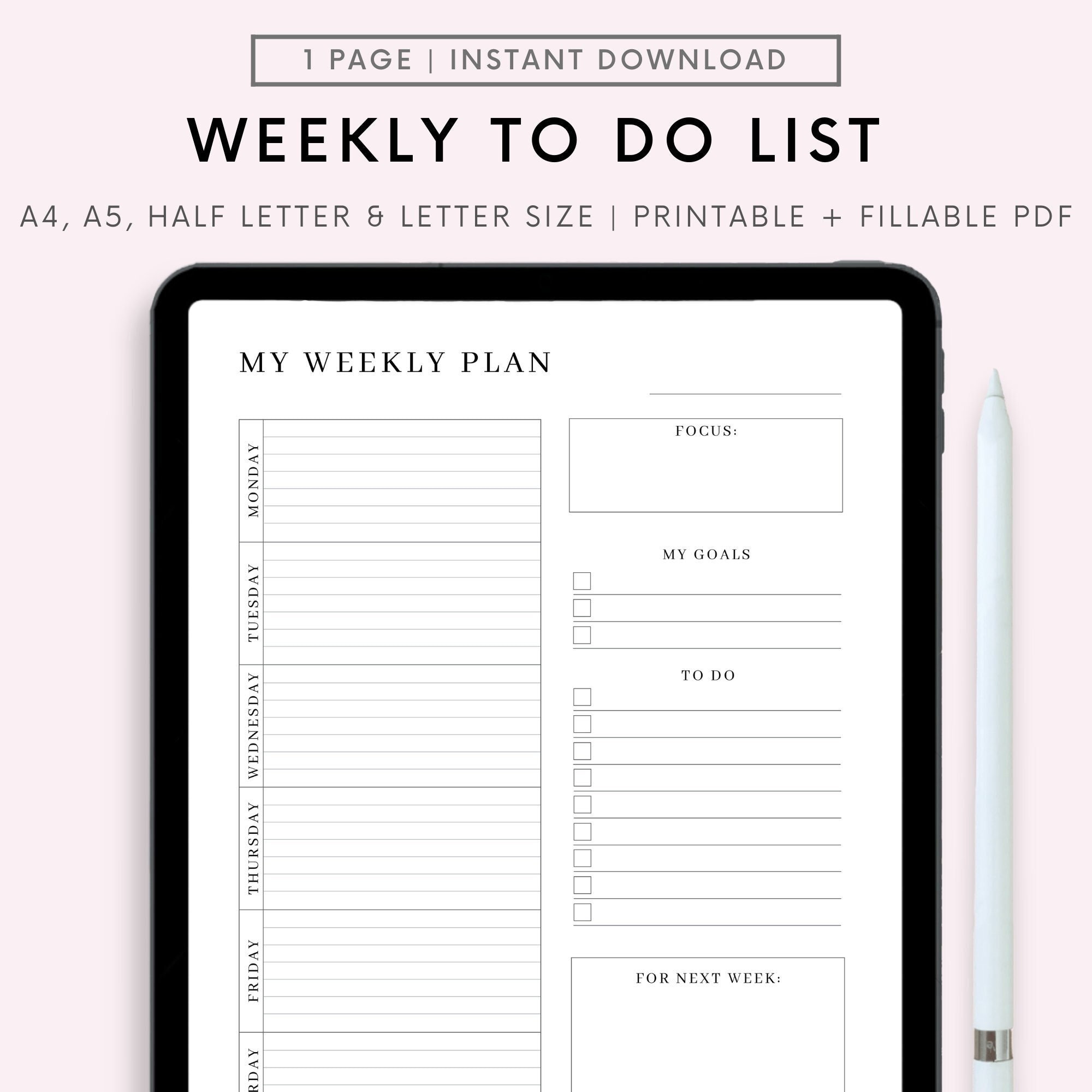 Weekly to Do List Printable, Minimalist Weekly Planner, Weekly Agenda ...