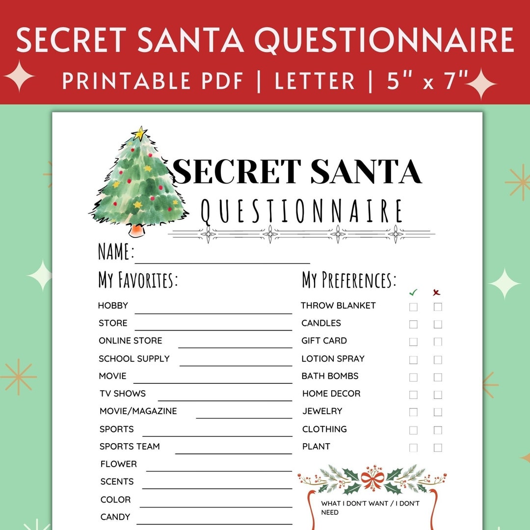 Printable Secret Santa Questionnaire For Christmas Gift Exchange Questions 5x7 Work Secret Santa