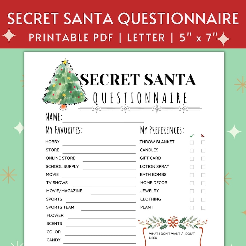 Printable Secret Santa Questionnaire for Christmas Gift Etsy Printable Secret Santa Questionnaire for Christmas Gift Etsy