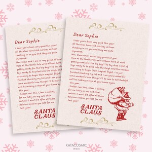 May include: A vintage-style Christmas card featuring Santa Claus with a red suit and a white beard. The card has a handwritten message from Santa Claus to Sophie, wishing her a Merry Christmas and thanking her for being good this year. The card has a red and white Santa Claus design with the text "Santa Claus" in red.