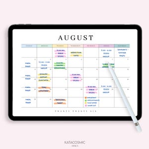 May include: A digital calendar for August 2026 displayed on a tablet. The calendar features a weekly layout with color-coded entries for appointments, study groups, and deadlines. A stylus points to a date. The text "August" is at the top.