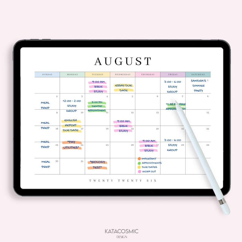 May include: A digital calendar for August 2026 displayed on a tablet. The calendar features a weekly layout with color-coded entries for appointments, study groups, and deadlines. A stylus points to a date. The text "August" is at the top.