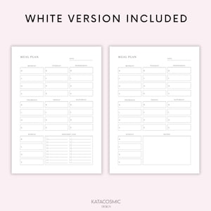 May include: Printable meal planner with a white background. The planner includes a weekly meal plan, a grocery list, and a notes section. The planner is designed to help people plan their meals and stay organized.