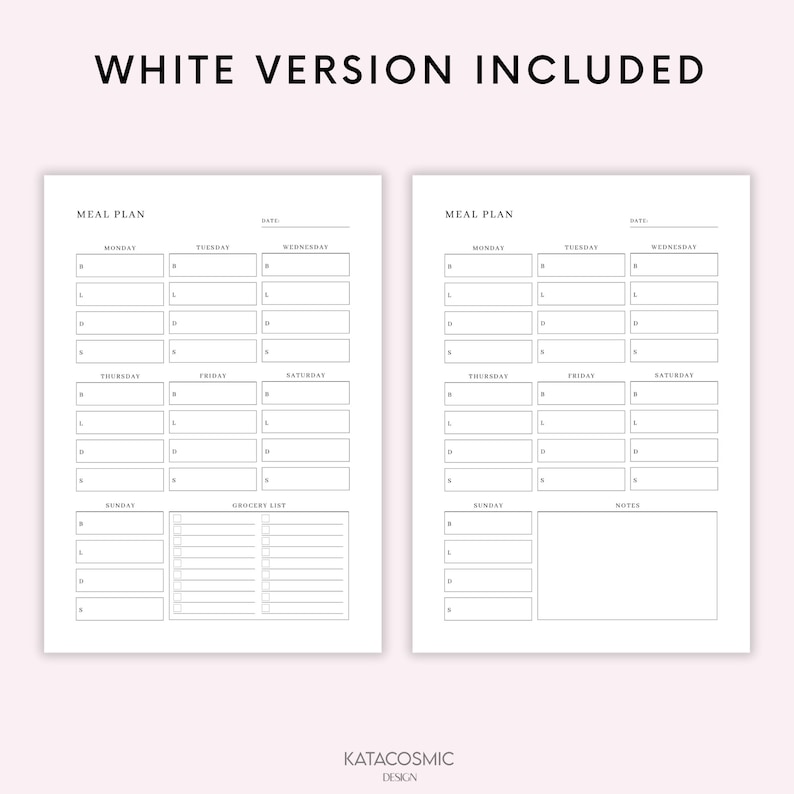 May include: Printable meal planner with a white background. The planner includes a weekly meal plan, a grocery list, and a notes section. The planner is designed to help people plan their meals and stay organized.