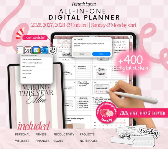 Portrait Digital Planner 2026 2027 2028 & Undated, Goodnotes Planner, Daily Planner, Weekly Planner, Notability Planner, iPad Planner