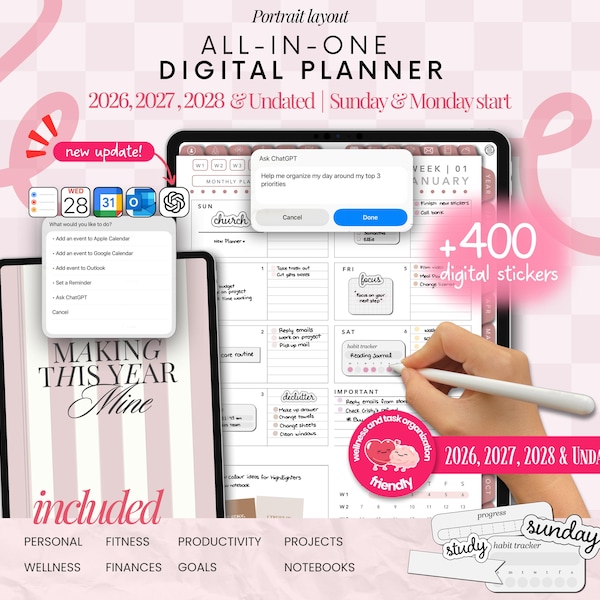Digital kalender för porträtt 2026 2027 2028 och odaterad, Goodnotes-kalender, dagsplanerare, veckoplanerare, notabilitetsplanerare, iPad-planerare