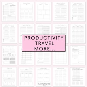 Op de afbeelding: Een printbare productiviteits planner met een roze banner waarop staat "Productiviteit Reizen Meer..." De planner bevat pagina's voor doelstelling, maandelijkse doelen, vision boards, persoonlijke reflectie, wekelijkse reflectie, maandelijkse reflectie, reis bucket list, gewoontetracker, doeltracker, jaarplanner, reisplanner, maandelijkse kalender, weekplanner, jaarplan, reisdagboek, angsten om te doen en een wekelijkse werkplanner.