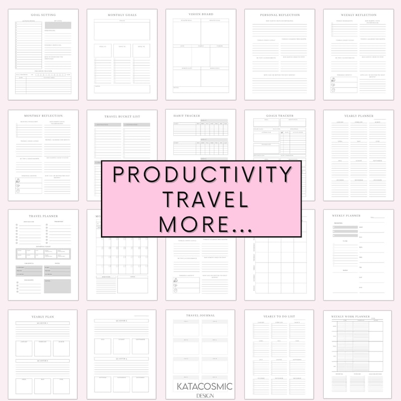 Op de afbeelding: Een printbare productiviteits planner met een roze banner waarop staat "Productiviteit Reizen Meer..." De planner bevat pagina's voor doelstelling, maandelijkse doelen, vision boards, persoonlijke reflectie, wekelijkse reflectie, maandelijkse reflectie, reis bucket list, gewoontetracker, doeltracker, jaarplanner, reisplanner, maandelijkse kalender, weekplanner, jaarplan, reisdagboek, angsten om te doen en een wekelijkse werkplanner.