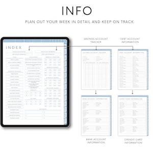 May include: A digital planner with a blue and white colour scheme. The planner includes sections for savings, debt, bank, and credit card information. The planner is designed to help users plan out their week in detail and keep on track.