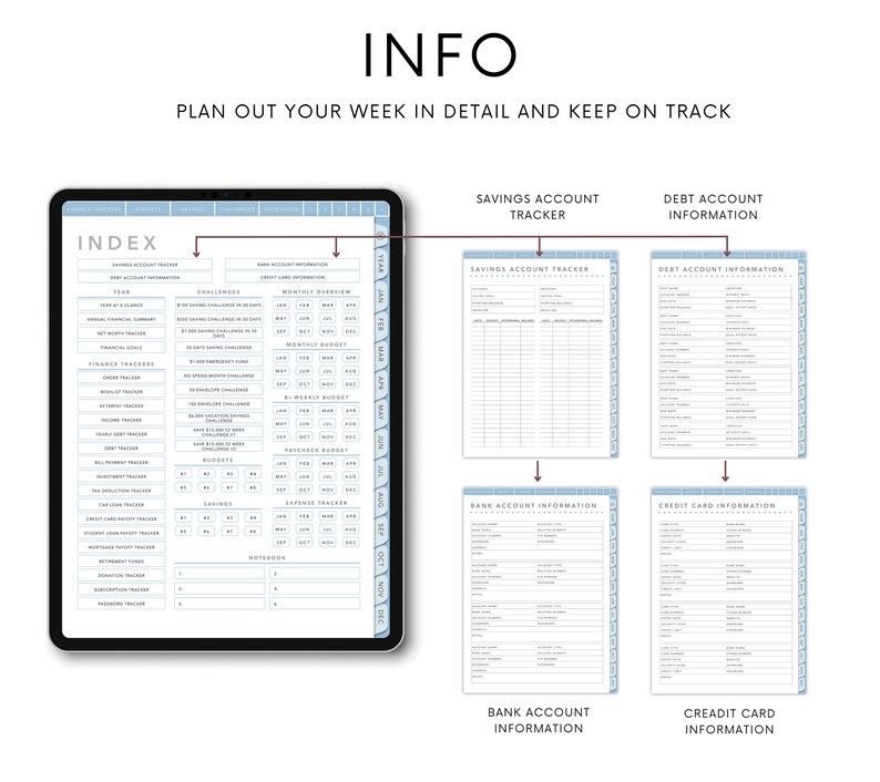 May include: A digital planner with a blue and white colour scheme. The planner includes sections for savings, debt, bank, and credit card information. The planner is designed to help users plan out their week in detail and keep on track.