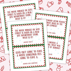 May include: A printable Christmas trivia game with red and green striped borders. The questions and answers are about Christmas movies and characters. The text includes: "The movie Miracle on 34th Street is based on a real-life department store. What is it?" and "Elvis isn't going to have a white Christmas he's going to have a..."