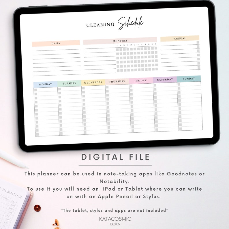 May include: A digital cleaning schedule planner with sections for daily, monthly, and annual tasks. The planner is divided into days of the week and includes checkboxes for each task. The text "CLEANING Schedule" is at the top of the planner.