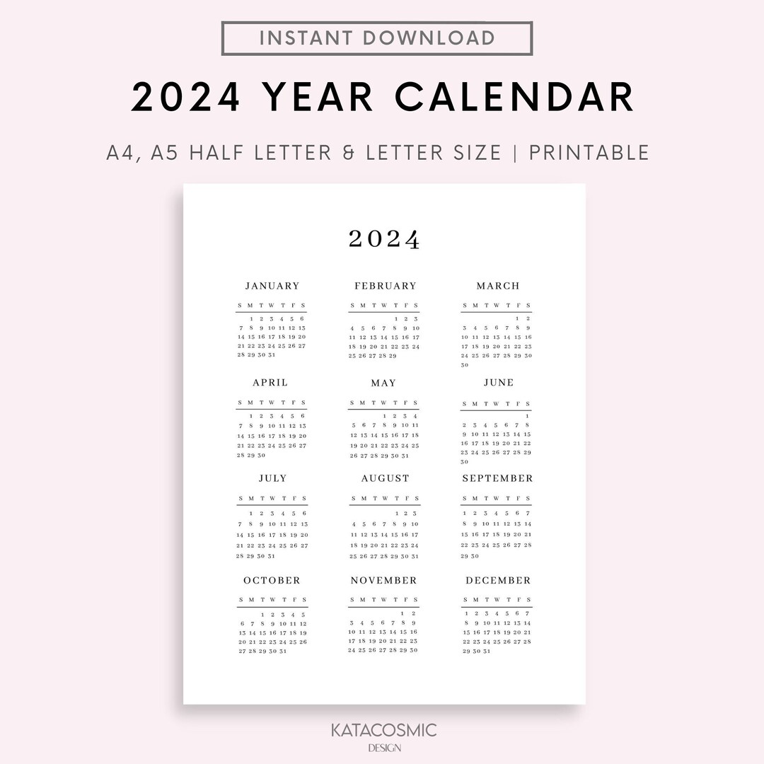 2024 Year Calendar Printable, Year at a Glance, Yearly Wall Calendar