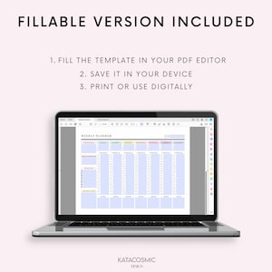 May include: A laptop computer displaying a weekly planner template in a PDF editor. The planner has sections for each day of the week, with space for notes, appointments, and tasks. The template is designed to be filled out digitally.