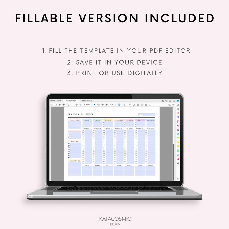 May include: A laptop computer displaying a weekly planner template in a PDF editor. The planner has sections for each day of the week, with space for notes, appointments, and tasks. The template is designed to be filled out digitally.