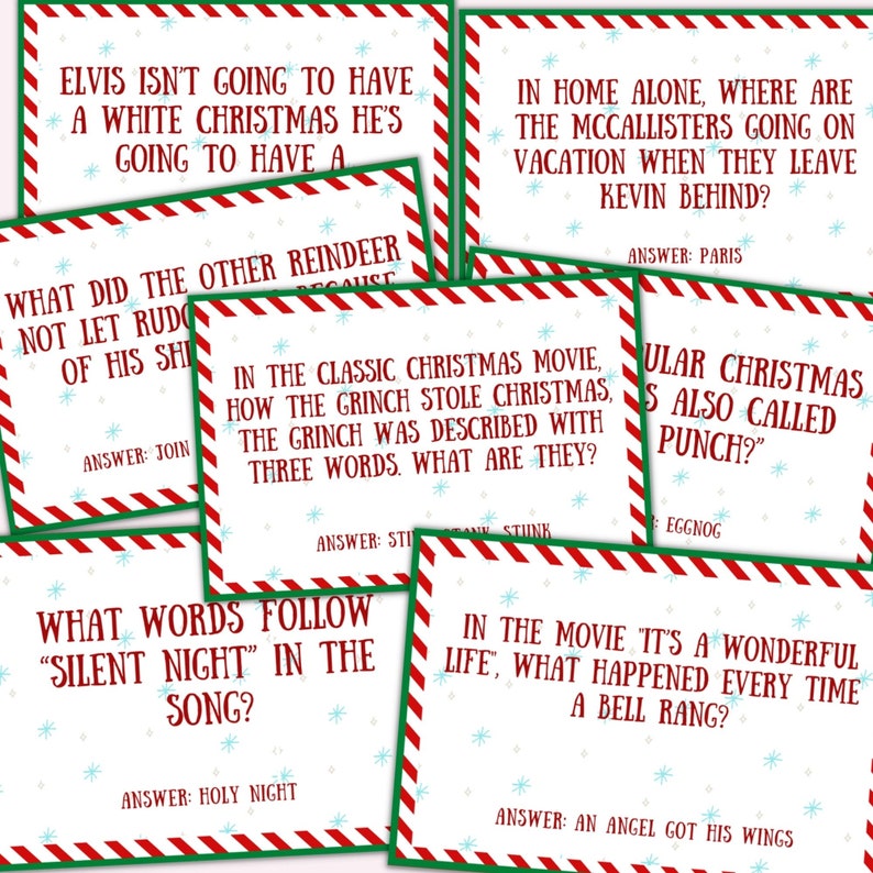 May include: A set of 10 Christmas trivia cards with red and green striped borders. Each card features a Christmas-themed question and answer. The questions are about popular Christmas movies and traditions.