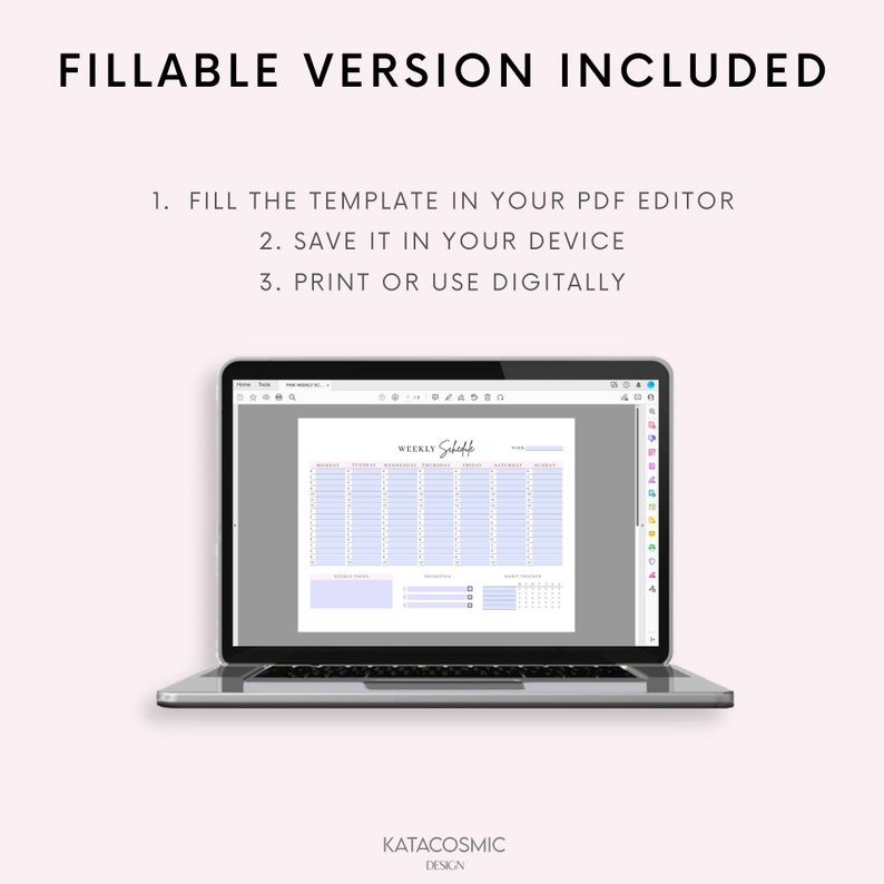 Peut inclure: Un ordinateur portable affichant un mod&egrave;le de planning hebdomadaire dans un &eacute;diteur PDF. Le mod&egrave;le est intitul&eacute; "Planning hebdomadaire" et a un fond bleu clair avec du texte gris. Le mod&egrave;le est divis&eacute; en jours de la semaine et dispose d'un espace pour les cr&eacute;neaux horaires et les notes. L'ordinateur portable est sur un fond blanc.