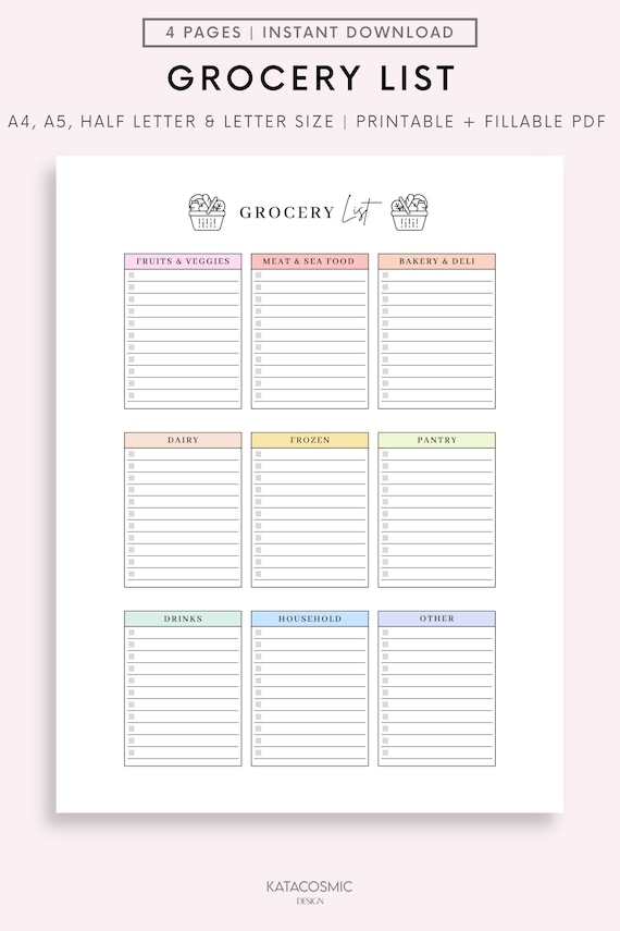 Grocery List Printable Template, Grocery Planner, Food Shopping List, A4/A5/Letter/Half Size, Instant Download PDF