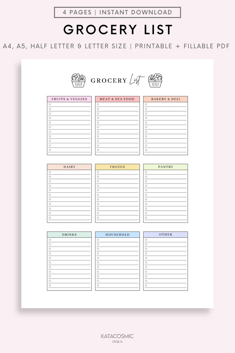 May include: Printable grocery list template with a cute shopping basket icon. The list is divided into categories: Fruits & Veggies, Meat & Sea Food, Bakery & Deli, Dairy, Frozen, Pantry, Drinks, Household, and Other. Each category has a checklist with 15 lines.