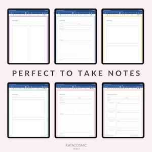 Peut inclure: Six mod&egrave;les de prise de notes num&eacute;riques pour iPad. Les mod&egrave;les sont dans un sch&eacute;ma de couleurs bleu, blanc et pastel. Les mod&egrave;les comprennent des sections pour les notes, les objectifs et les dates.