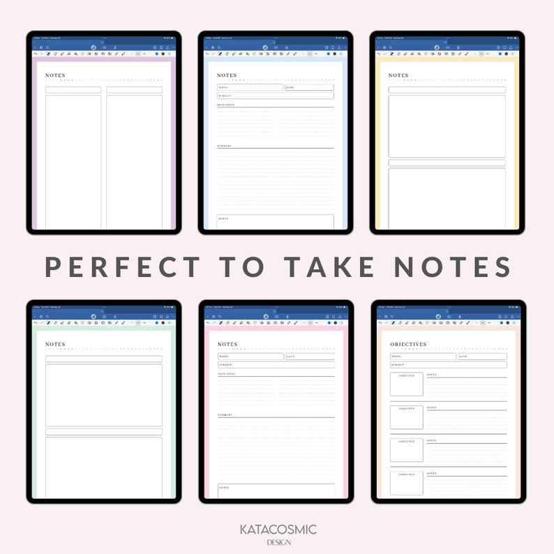 Peut inclure: Six mod&egrave;les de prise de notes num&eacute;riques pour iPad. Les mod&egrave;les sont dans un sch&eacute;ma de couleurs bleu, blanc et pastel. Les mod&egrave;les comprennent des sections pour les notes, les objectifs et les dates.