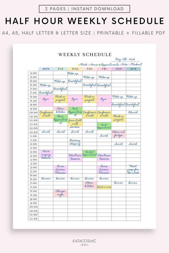 Simple Half Hour Weekly Schedule, Weekly Planner Printable, Weekly To Do List, Weekly Agenda, Sunday & Monday Start, A4 A5 US Letter