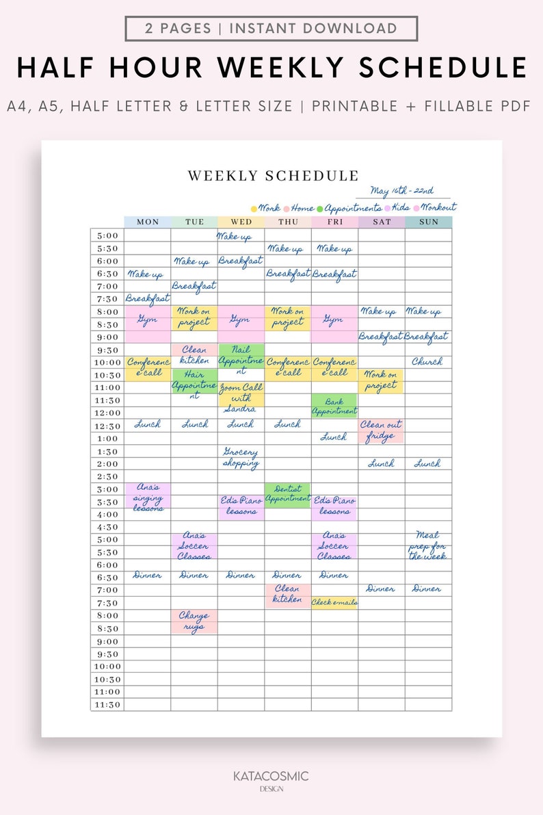 Peut inclure: Un planificateur hebdomadaire imprimable avec un sch&eacute;ma de couleurs bleu clair, rose et vert. Le planificateur est divis&eacute; en intervalles d'une demi-heure de 5h00 &agrave; 23h30. Chaque jour de la semaine est &eacute;tiquet&eacute; d'une couleur diff&eacute;rente. Le planificateur comprend un espace pour les rendez-vous, le travail, la maison, les enfants et les s&eacute;ances d'entra&icirc;nement. Le texte "May 16th - 22nd" est en haut du planificateur.