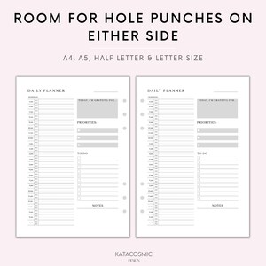 May include: Two printable daily planner pages with a gray background and black text. The pages are designed for A4, A5, half letter, and letter sizes. The pages include sections for schedule, today I'm grateful for, priorities, to do, and notes.