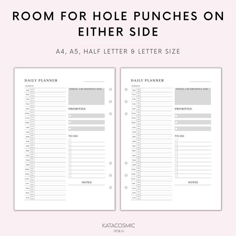 May include: Two printable daily planner pages with a gray background and black text. The pages are designed for A4, A5, half letter, and letter sizes. The pages include sections for schedule, today I'm grateful for, priorities, to do, and notes.