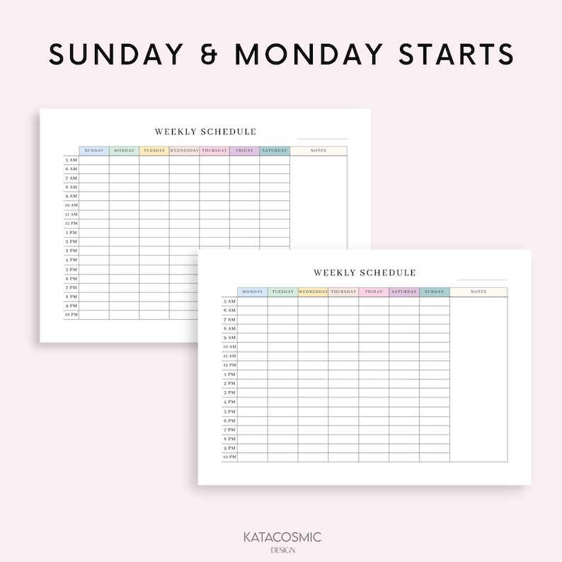 Pu&ograve; includere: Due modelli di programma settimanale stampabili con uno schema di colori pastello. Il primo modello inizia la domenica e il secondo modello inizia il luned&igrave;. Ogni modello ha colonne per ogni giorno della settimana e righe per ogni ora del giorno dalle 5:00 alle 22:00. I modelli includono anche una colonna di note.