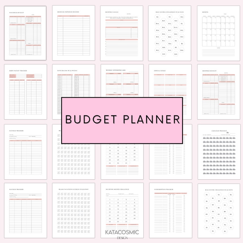 Op de afbeelding: Een printbare budgetplanner met 12 pagina's met verschillende secties om inkomsten, uitgaven, besparingen en schulden bij te houden. De pagina's zijn minimalistisch ontworpen met een roze en witte kleurstelling.