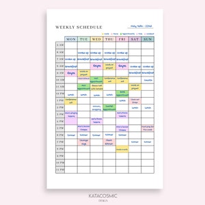 May include: A weekly schedule planner with a colorful grid layout. The planner is divided into days of the week, from Monday to Sunday, and includes time slots from 5 AM to 11 PM. The planner is filled with handwritten notes and appointments, including "Gym", "Work on project", "Church", "Dentist Appointment", "Ana's Singing Lessons", "Kid's Piano Lessons", "Ana's Soccer Classes", "Dinner", "Clean Kitchen", and "Meal Prep for the Week".