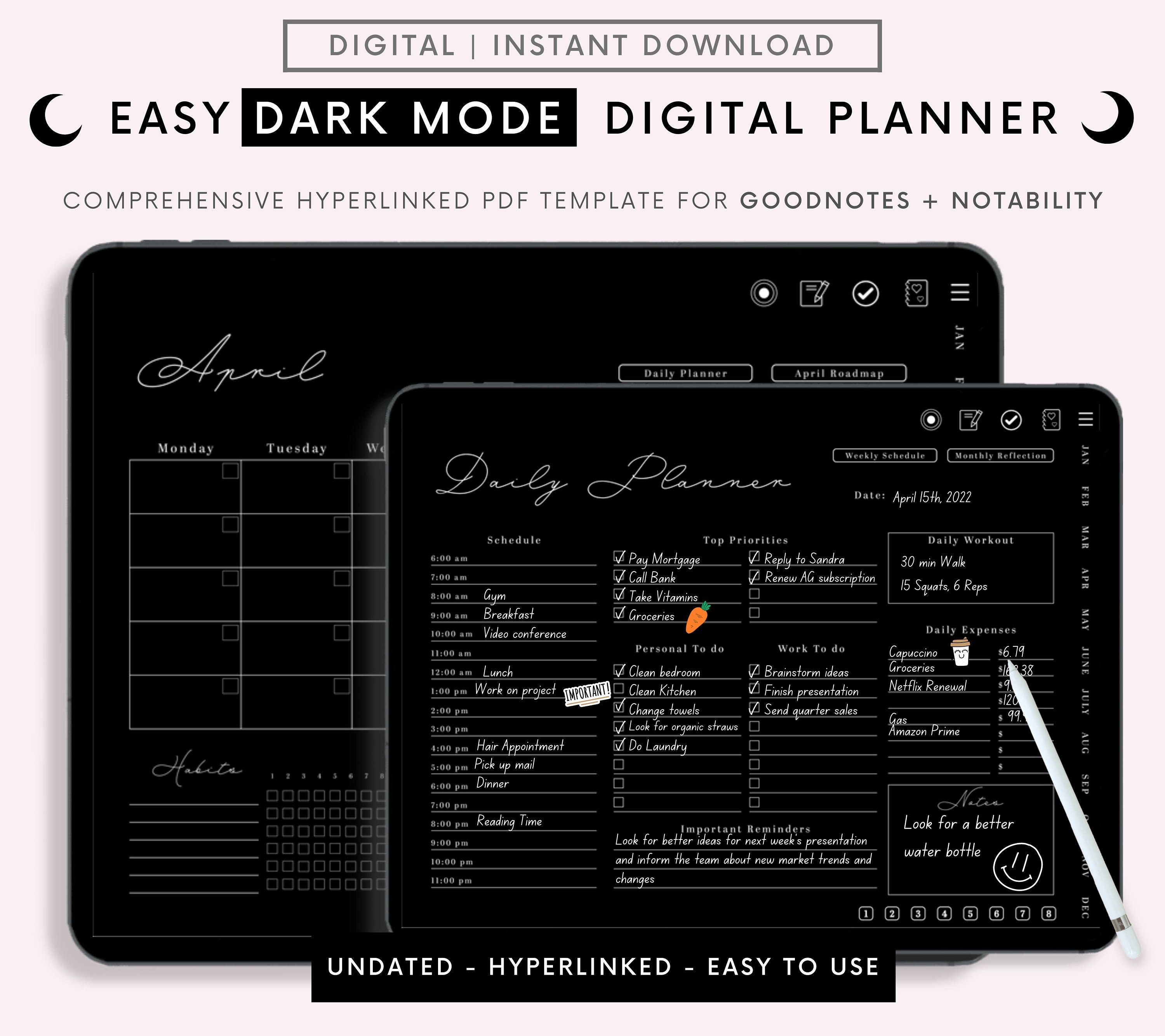 Undated Dark Mode Digital Planner for Goodnotes/notability, Hyperlinked ...