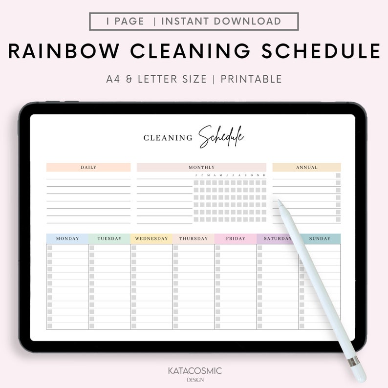 May include: A printable cleaning schedule with a rainbow colour scheme. The schedule is divided into daily, monthly, and annual sections. Each section has a checklist for tasks. The schedule is labelled "Cleaning Schedule" and "Katcosmic Design".