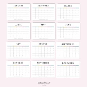 May include: A printable calendar featuring a watercolor design with pastel colors. The calendar is divided into 12 months, with each month displayed on a separate page. The months are January, February, March, April, May, June, July, August, September, October, November, and December. The calendar is designed for personal use and can be printed at home.