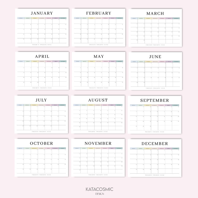 May include: A printable calendar featuring a watercolor design with pastel colors. The calendar is divided into 12 months, with each month displayed on a separate page. The months are January, February, March, April, May, June, July, August, September, October, November, and December. The calendar is designed for personal use and can be printed at home.