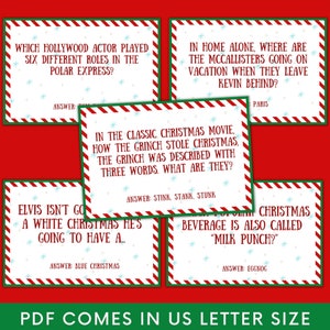 May include: Five Christmas trivia game cards with red and white striped borders and green accents. Each card features a Christmas-themed question and answer. The questions include: Which Hollywood actor played six different roles in the Polar Express? In Home Alone, where are the McCallisters going on vacation when they leave Kevin behind? In the classic Christmas movie, How the Grinch Stole Christmas, the Grinch was described with three words. What are they? Elvis isn't going to have a white Christmas, he's going to have a... What Christmas beverage is also called "Milk Punch?"