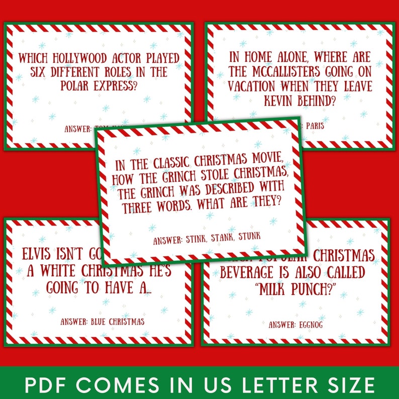 May include: Five Christmas trivia game cards with red and white striped borders and green accents. Each card features a Christmas-themed question and answer. The questions include: Which Hollywood actor played six different roles in the Polar Express? In Home Alone, where are the McCallisters going on vacation when they leave Kevin behind? In the classic Christmas movie, How the Grinch Stole Christmas, the Grinch was described with three words. What are they? Elvis isn't going to have a white Christmas, he's going to have a... What Christmas beverage is also called "Milk Punch?"