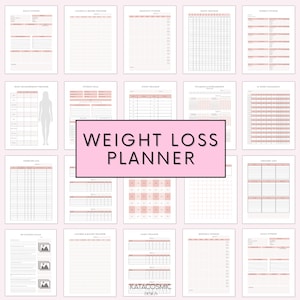 Op de afbeelding: Een printbare gewichtsverliesplanner met een roze titelbalk waarop "WEIGHT LOSS PLANNER" staat. De planner bevat pagina's voor het bijhouden van dagelijkse fitness, calorie&euml;n en macro's, maandelijkse fitness, slaap, waterinname, lichaamsmetingen, fitnessdoelen, stappen, vitamines en supplementen, een 12-weekse uitdaging, een trainingslogboek, een boodschappenlijst en fitnessdoelen.