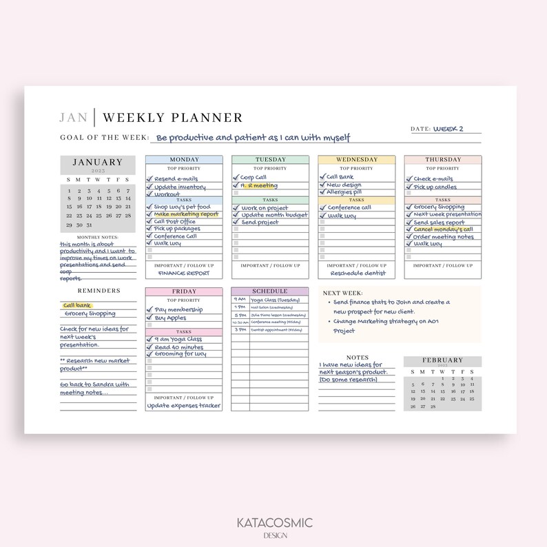 Utskrivbar veckoplanerare för kontor 2023, minimalistiskt veckoschema, vecka i korthet, veckoorganisatör, kontorsplanerare, att-göra-skrivbordsplanerare bild 2