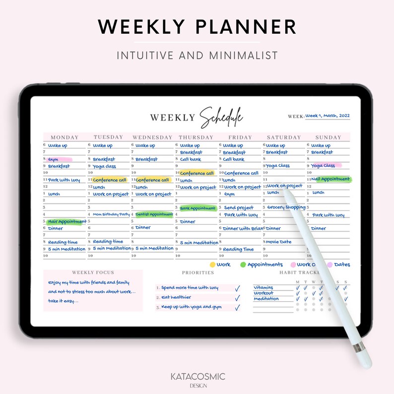 Peut inclure: Un planificateur hebdomadaire sur une tablette num&eacute;rique avec un stylet. Le planificateur a un fond rose et blanc avec un horaire hebdomadaire pour la semaine du 1er mars 2022. Le planificateur comprend des sections pour les t&acirc;ches quotidiennes, l'accent hebdomadaire, les priorit&eacute;s, les rendez-vous et le suivi des habitudes.