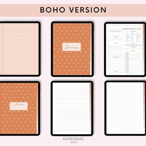 Puede incluir: Una plantilla de planificador digital con est&eacute;tica boho. La plantilla presenta un fondo melocot&oacute;n con lunares blancos y una p&aacute;gina de calendario con el mes de enero. La plantilla tambi&eacute;n incluye una p&aacute;gina de cuaderno con papel rayado y una p&aacute;gina de cuadr&iacute;cula punteada.