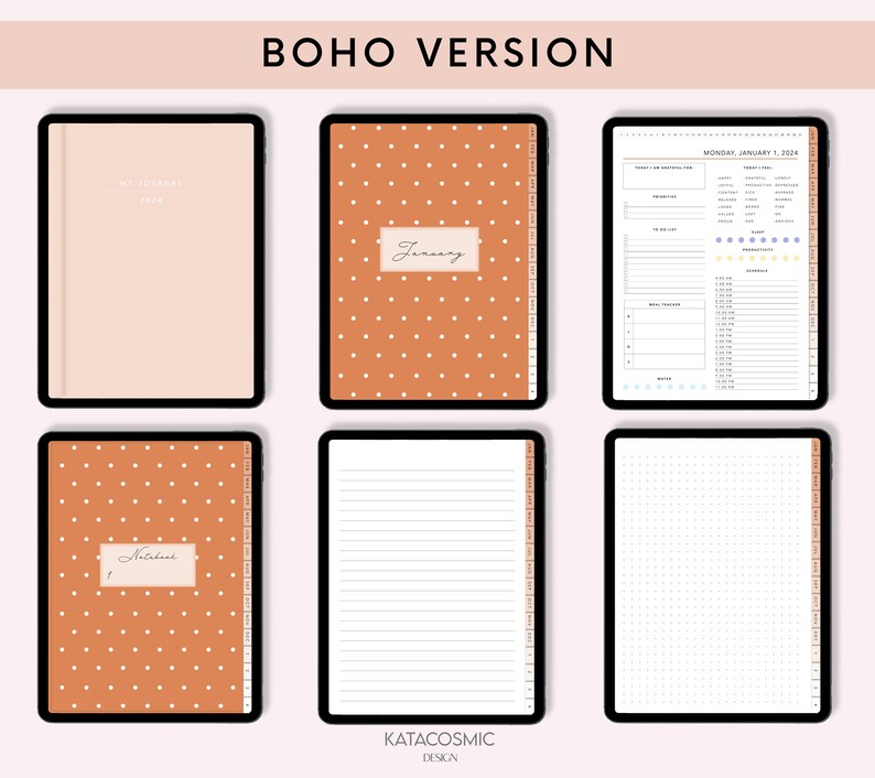 Puede incluir: Una plantilla de planificador digital con est&eacute;tica boho. La plantilla presenta un fondo melocot&oacute;n con lunares blancos y una p&aacute;gina de calendario con el mes de enero. La plantilla tambi&eacute;n incluye una p&aacute;gina de cuaderno con papel rayado y una p&aacute;gina de cuadr&iacute;cula punteada.