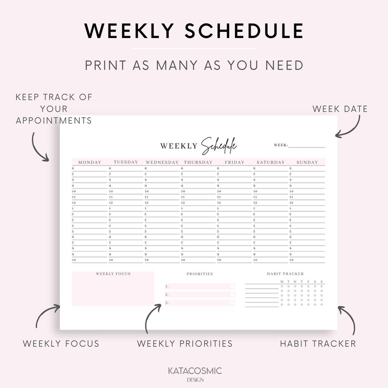 Peut inclure: Un planificateur hebdomadaire imprimable avec des sections pour les rendez-vous, l'accent hebdomadaire, les priorit&eacute;s et un suivi des habitudes. Le planificateur a un sch&eacute;ma de couleurs rose et blanc et comprend le texte "Weekly Schedule".