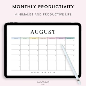 May include: A digital calendar for August on a tablet screen. The calendar has a minimalist design with a white background and black text. The days of the week are labeled at the top, and the numbers 1 through 31 are listed in rows below. The calendar is designed for productivity and features a simple, clean aesthetic.