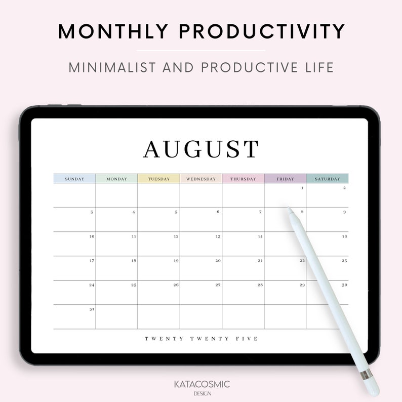 May include: A digital calendar for August on a tablet screen. The calendar has a minimalist design with a white background and black text. The days of the week are labeled at the top, and the numbers 1 through 31 are listed in rows below. The calendar is designed for productivity and features a simple, clean aesthetic.